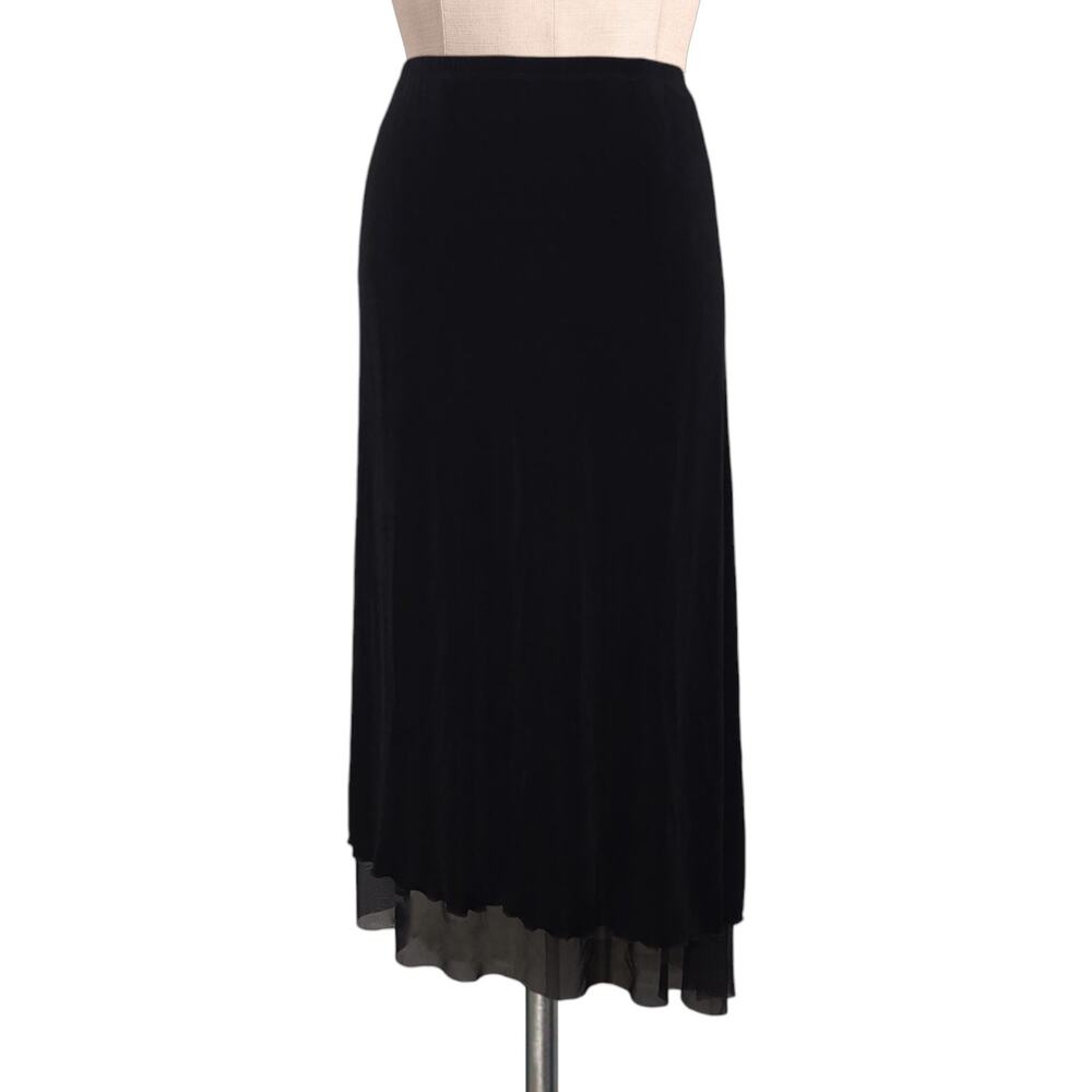 CHICO'S Travelers Asymmetrical Hem Black Slinky Pull On Skirt Mesh Bottom 2